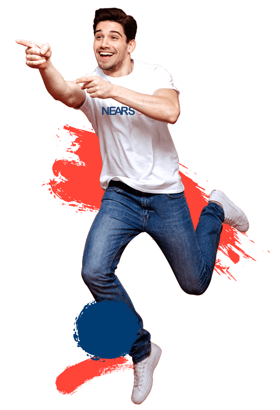 latin male model pointing and smiling