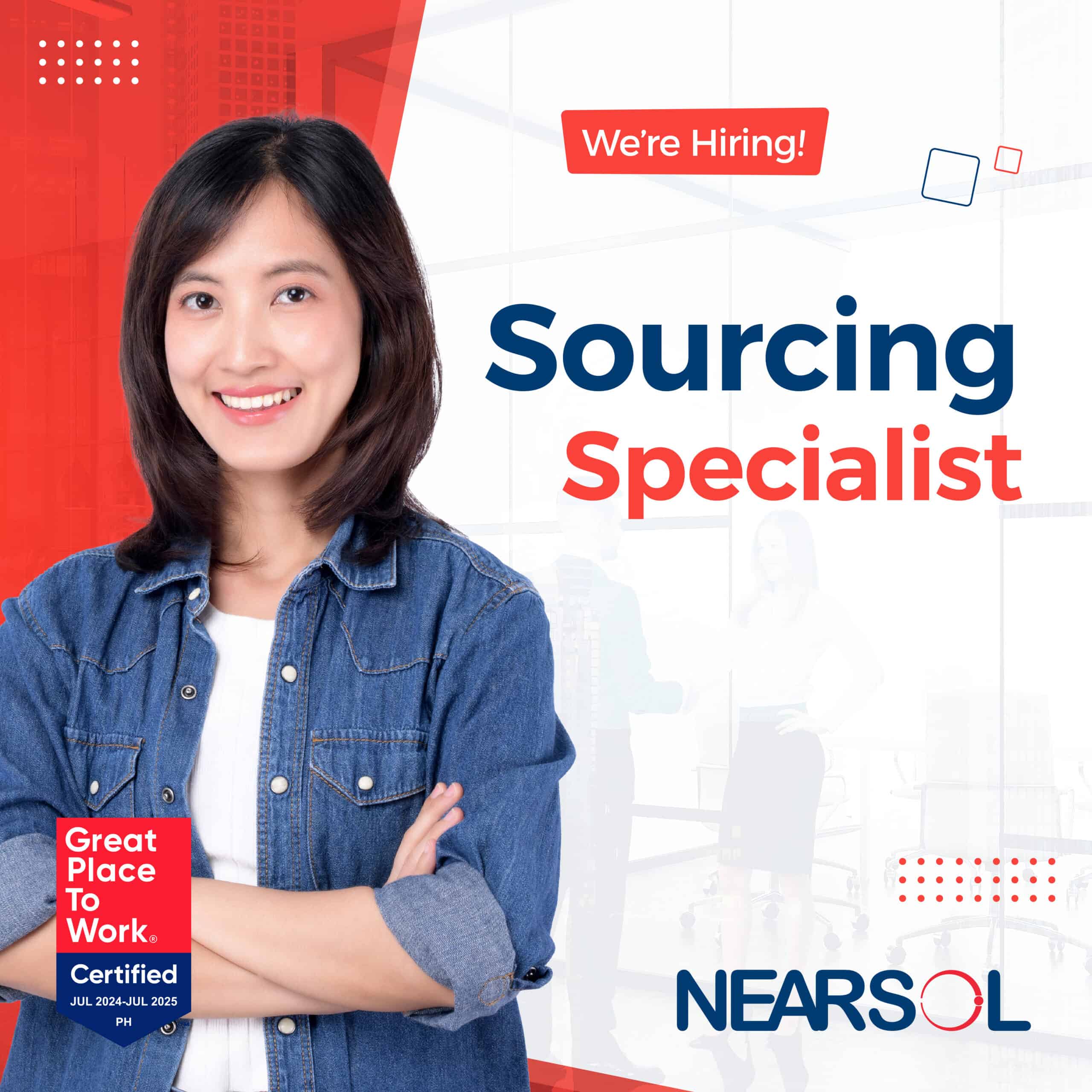 Hiring Sourcing Specialist at Nearsol | Job Opportunity | Great Place to Work Certified 2024-2025 | Smiling woman in denim jacket with crossed arms, modern office background.