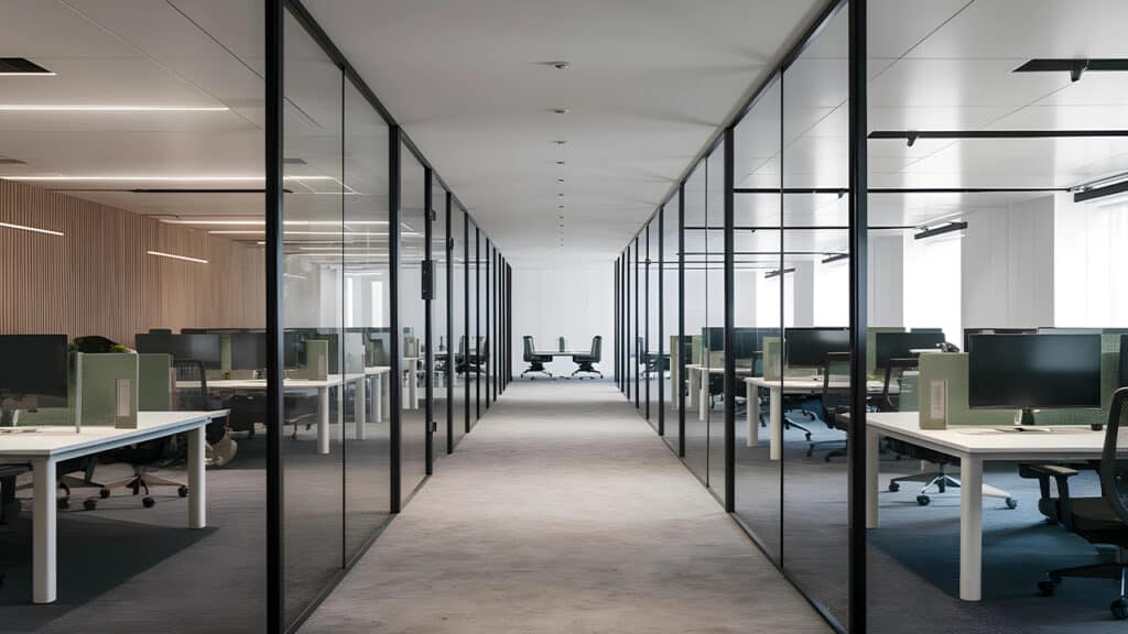 Modern white label BPO office with glass partitions, ergonomic desks, and large computer monitors – showcasing scalable outsourcing workspace for NEARSOL