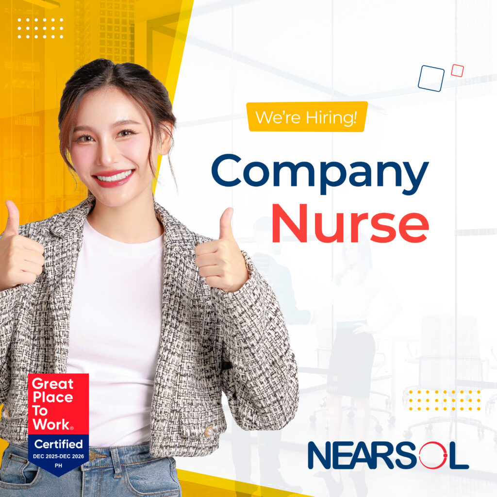 Smiling woman giving thumbs up with text "We're Hiring! Company Nurse." Overlay includes "Great Place to Work" badge and NEARSOL logo. Bright, positive tone.