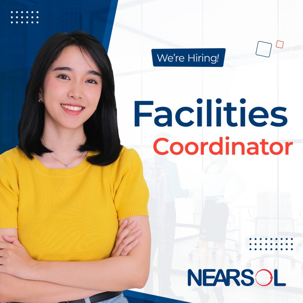 Smiling woman on a Yellow Shirt with text "We're Hiring! Facilities Coordinator." Overlay includes NEARSOL logo. Bright, positive tone.